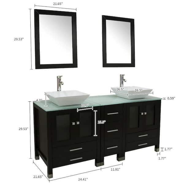 61 in. Double Ceramic Square Vessel White Sinks Freestanding Black Bath Vanity w/ Green Tempered Glass Tops and Mirrors