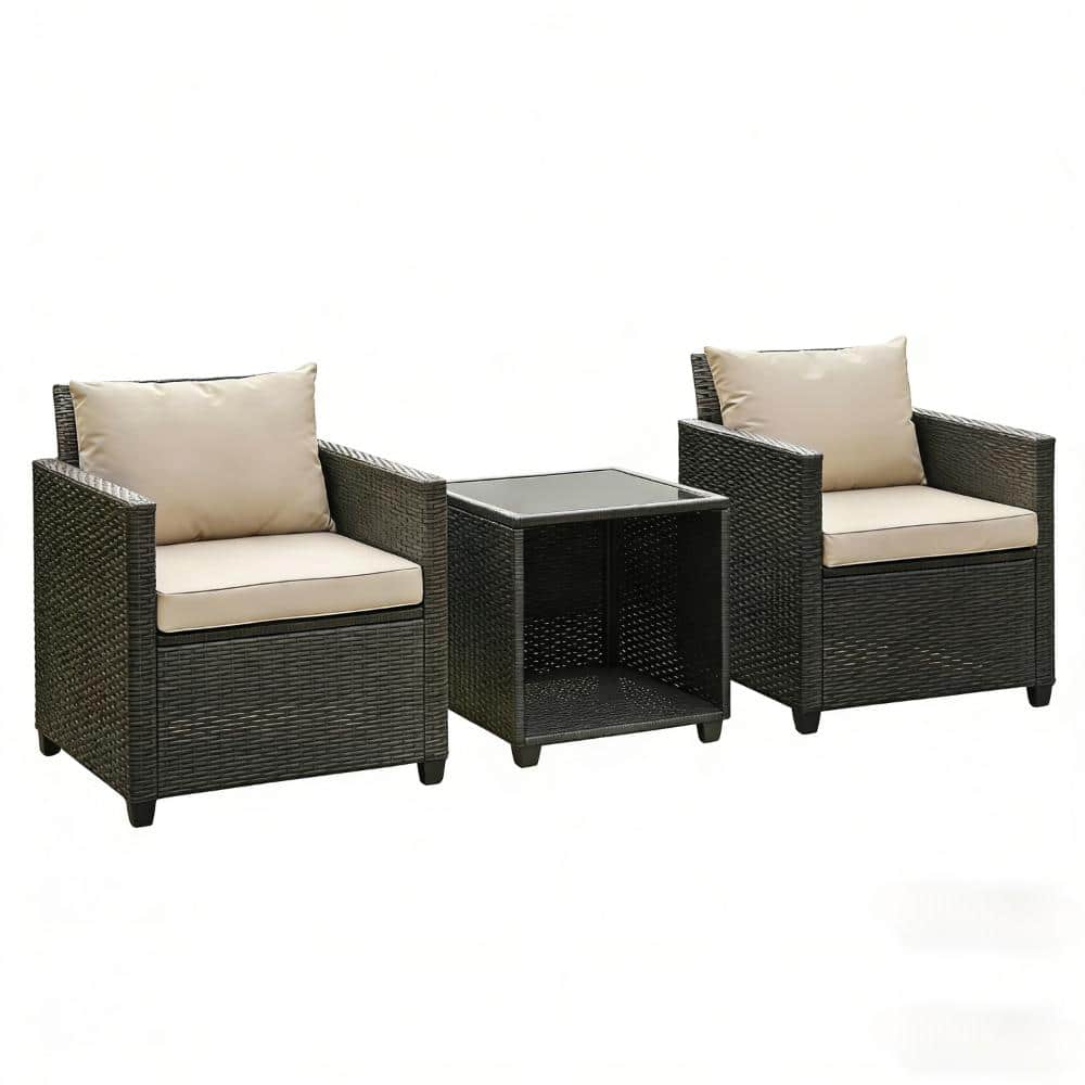 Black 3‑Piece Square Metal and Rattan Outdoor Chat Set with Beige Cushions for Patio, Garden, Backyard price history on PriceWatchPro