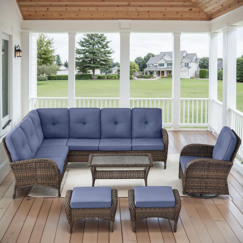 Carlos 6-Piece All-Weather Brown Wicker Outdoor Swivel Chair Patio Conversation Set with Blue Cushions price history on PriceWatchPro