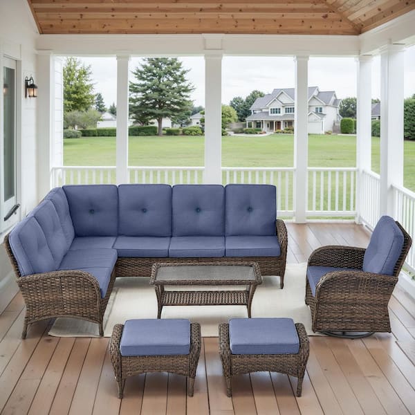 Carlos 6-Piece All-Weather Brown Wicker Outdoor Swivel Chair Patio Conversation Set with Blue Cushions