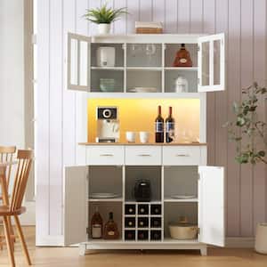 White 70.9 in. H Coffee Bar Cabinet Kitchen Sideboard with LED Lights, Outlet, 3-Drawers, Wine Cabinet for Dining Room