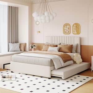 Beige Wood Frame Full Size Upholstered Platform Bed with 2 Drawers and Twin Size Trundle