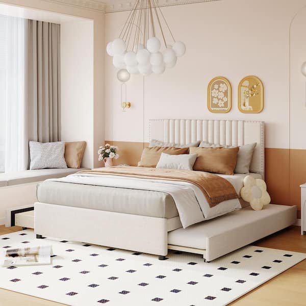 Harper & Bright Designs Beige Wood Frame Full Size Upholstered Platform Bed with 2 Drawers and Twin Size Trundle