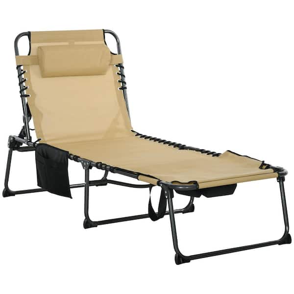 Siavonce Outdoor Folding Steel Lawn Chair with 5-Level Reclining Back, Face Reading Holes, Side Pockets and Headrest, Beige