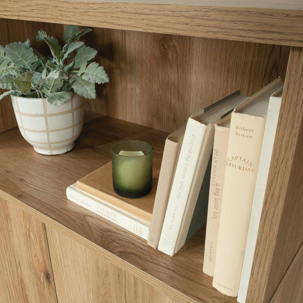 Timber Oak Storage Cabinet with Adjustable Shelving and Black Hardware