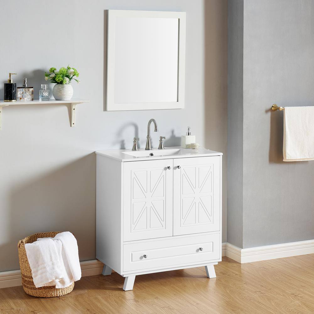 White MDF Single Sink Freestanding Bath Vanity with Ceramic Top