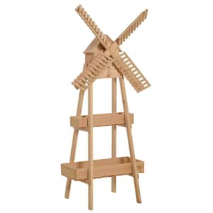Natural Wood Flower Stand with Windmill and Built-in Mini Bird House (2-Tier)