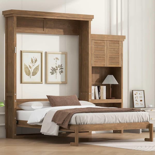 Natural Wood Brown Wood Frame Queen Murphy Bed with Multiple Storage Shelves and Louvered Style Decoration