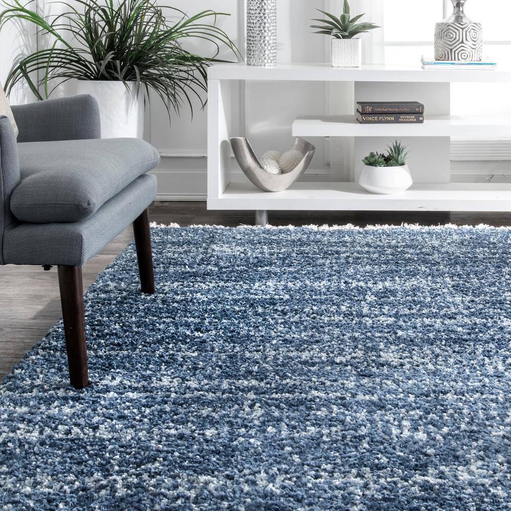 Brooke Blue and Ivory Shag Tasseled Runner Rug
