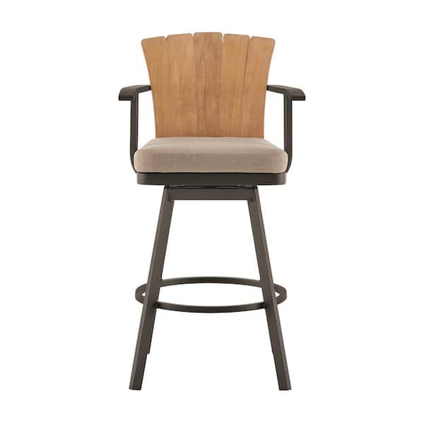 Hazel Counter Height Swivel Teak Outdoor Bar Stool with Brown Cushion