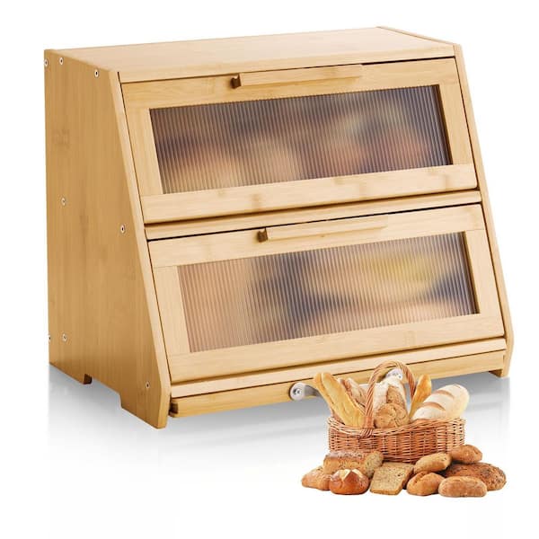 Double Layer Bamboo Bread Box, Large Farmhouse Bread Storage Bin w/ Acrylic Door for Kitchen Counter, Natural