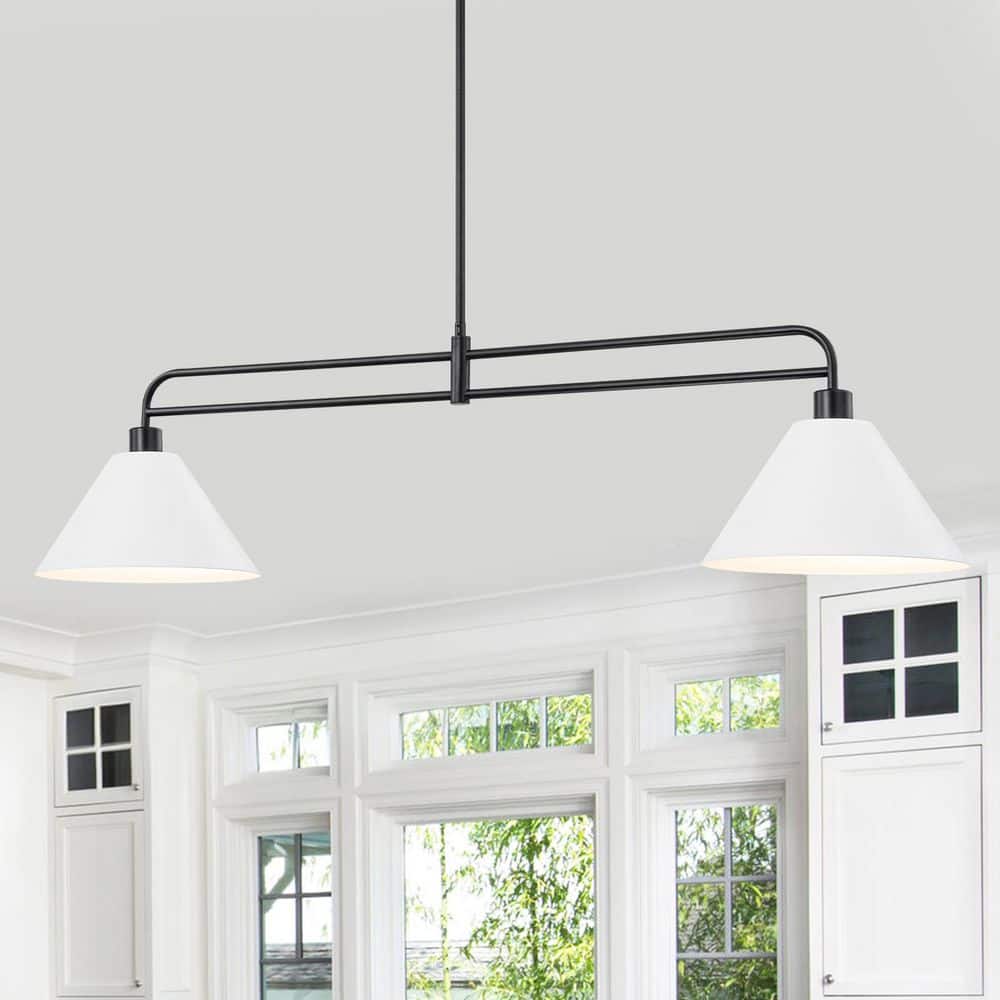 51 in. 2-Light Matte Black Linear Chandelier with White Conical Iron Shades for Dining and Living Rooms price history on PriceWatchPro