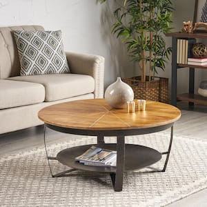 Hadfield 36 in. Black/Brown Medium Round Wood Coffee Table with Shelf