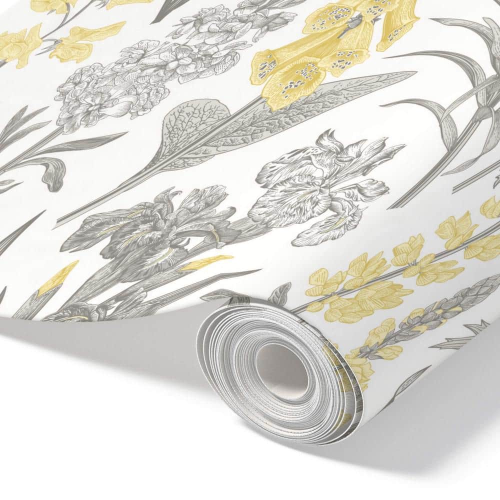 Yellow and Gray Botanical Print Peel and Stick Wallpaper Roll