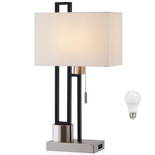 TRUE FINE 21 in. Matte Black/Brushed Nickel USB Table Lamp with White Linen Shade, 9.5-Watt LED Bulb Included