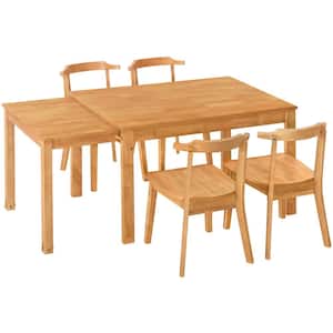 Light Brown 5-Piece Wood Outdoor Dining Extendable Table Set with 17.7 in. Pull-out Side Table and Wheels