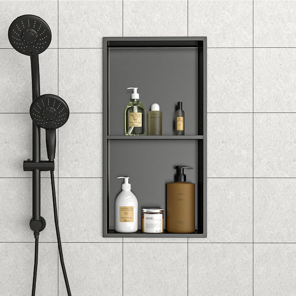 13 in. W x 25 in. H x 4 in. D Shower Niche Set of 1-Pieces in Gunmetal Black with Shelf