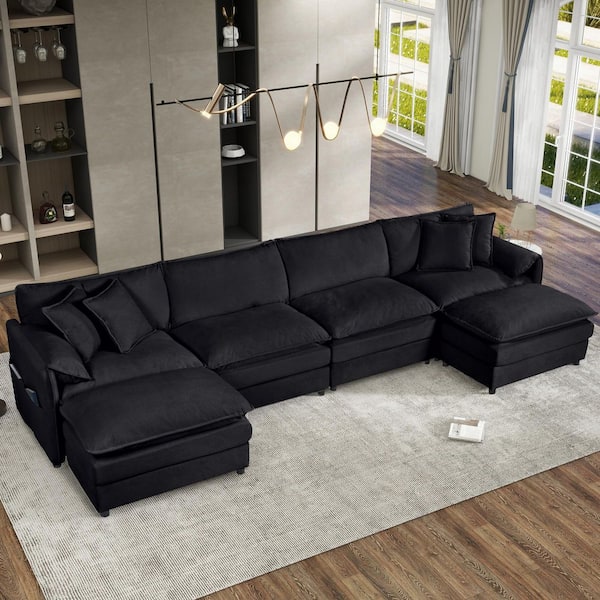 Wilson 143.31 in. 6-Piece Upholstered Chenille U-Shaped Modular Sectional Sofa in. Black with Ottomans, Pillows