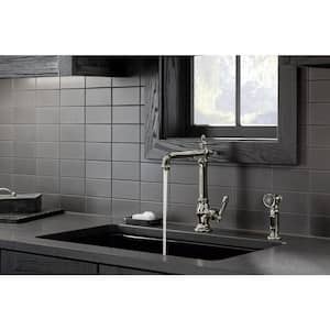 Artifacts Single-Handle Standard Kitchen Faucet with Victorian Spout Design and Side Sprayer in Vibrant Polished Nickel