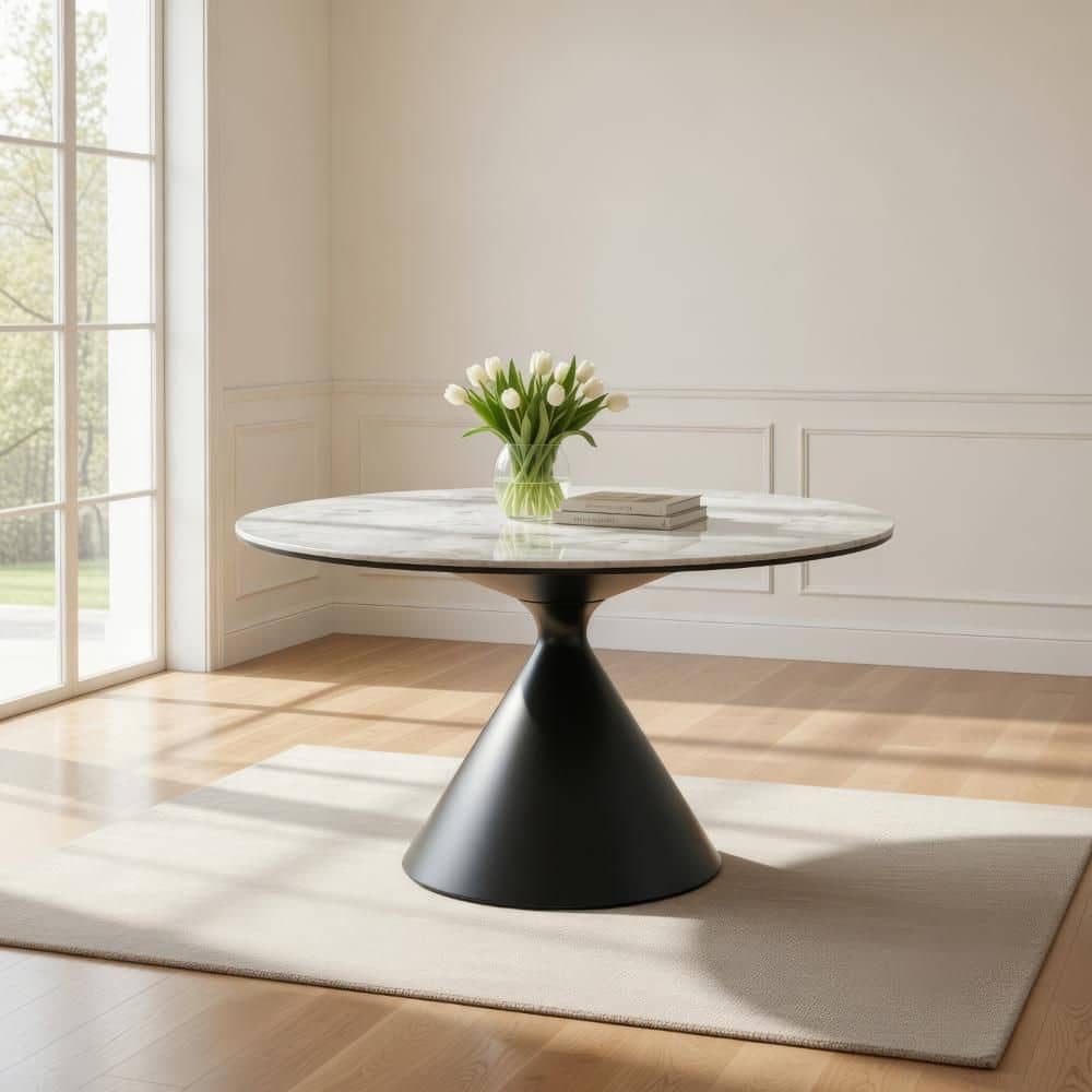 Benjara Lam Black Sintered Stone Round 47 in. Pedestal Base Dining ...