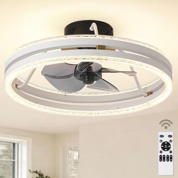19.7 in. White LED Low Profile Flush Mount Propeller Ceiling Fan with Dimmable Light Remote Control Clear Fan Blades