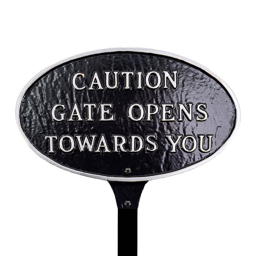 6 in. x 10 in. Small Oval Caution Gate Opens Towards You Statement Plaque Sign with Lawn Stake - Black/Silver price history on PriceWatchPro