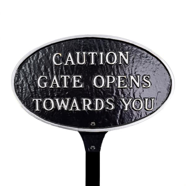 Montague Metal Products 6 in. x 10 in. Small Oval Caution Gate Opens Towards You Statement Plaque Sign with Lawn Stake - Black/Silver