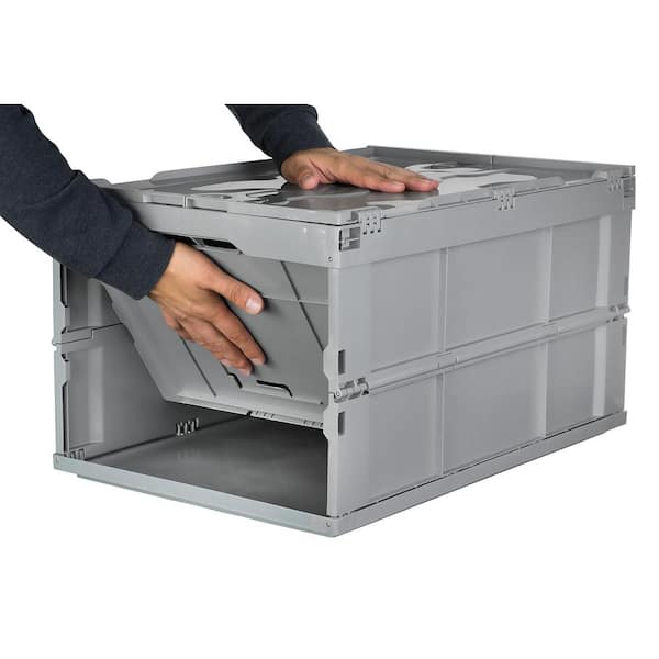 65L Liter Capacity Collapsible Plastic Storage Crate Folding and Stackable Utility Distribution Container with Attached Lid Mount-It Pack of 1