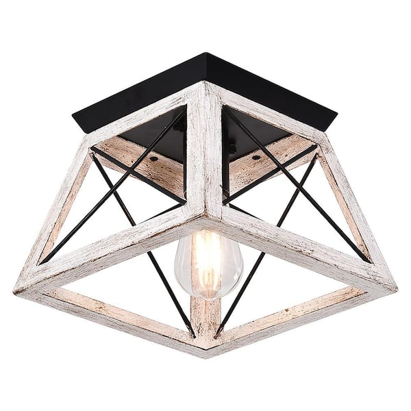 HUOKU Libertab 9.8 in. 1-Light Black Flush Mount with Whitewashed Finish Metal Frame Geometric Ceiling Light