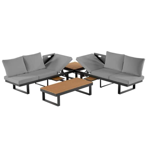 Metal Outdoor Adjustable Reclining Sectional Sofa for Patio Seating,Conversation,Daybed for Backyard With Cushions Grey