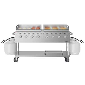 Portable Commercial Outdoor Propane Grill 60 in. with 30 in. Roll Dome Cover and 30 in. Pizza Oven in Stainless Steel