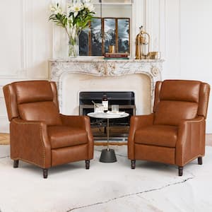 Lange 28 in. W Camel Genuine Leather Nailhead Trim Recliner Chair Arm Chair with Wooden Legs (Set of 2)