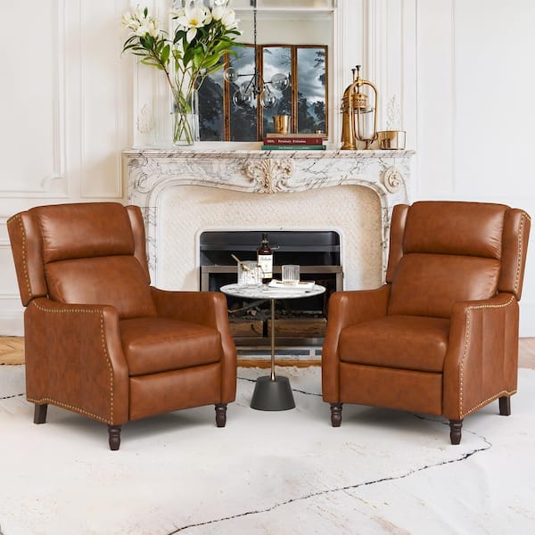 Lange 28 in. W Camel Genuine Leather Nailhead Trim Recliner Chair Arm Chair with Wooden Legs (Set of 2)