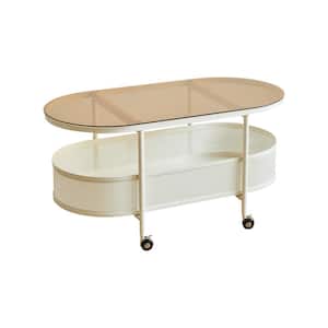 Movable oval Metal And Glass coffee table with storage in White