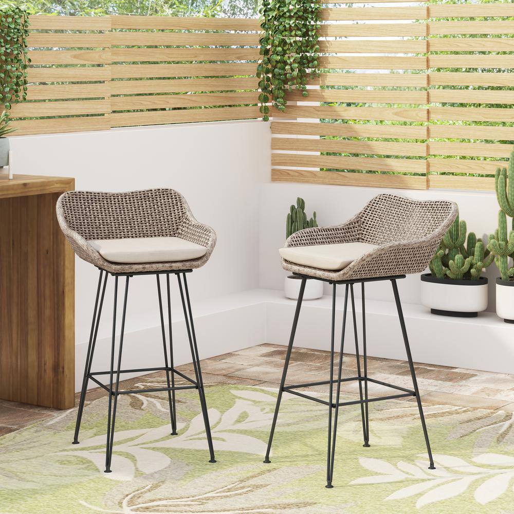 Transitional Mixed Brown and Beige Iron Barstool with Cushions, Set of 2