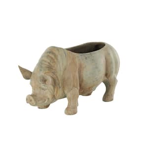 16 in. x 8 in. Beige Resin Pig Decorative Pot with Distressed Details