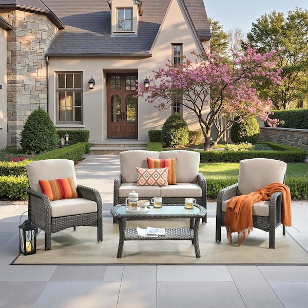 Missisi Gray 4-Piece Wicker Patio Conversation Seating Set with Beige Cushions and Coffee Table