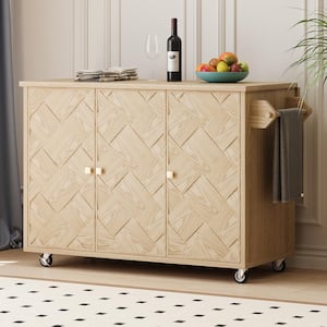 Natural Wood 51 in. Kitchen Island with Handwoven Ash Veneer Doors and Drop Leaf - Rolling Cart