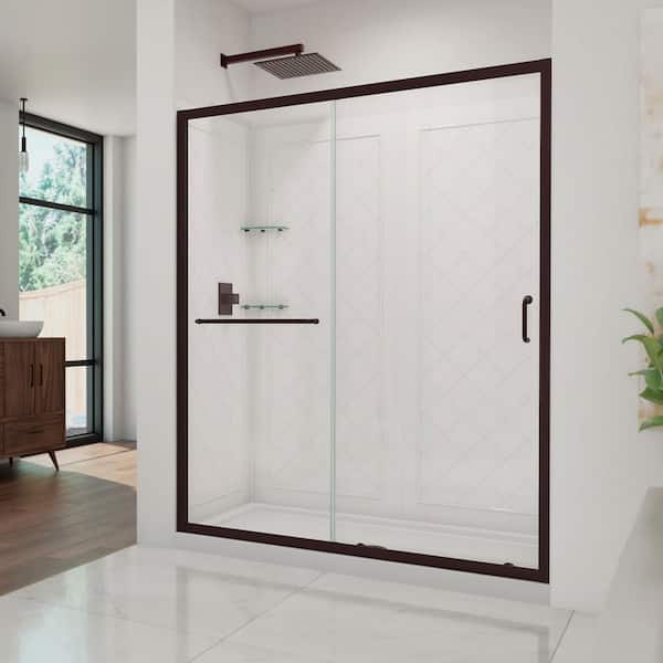 DreamLine Infinity-Z 30 in. L x 60 in. W x 76 3/4 in. H Alcove Center Shower Kit with Shower Wall and Shower Pan in Bronze/White