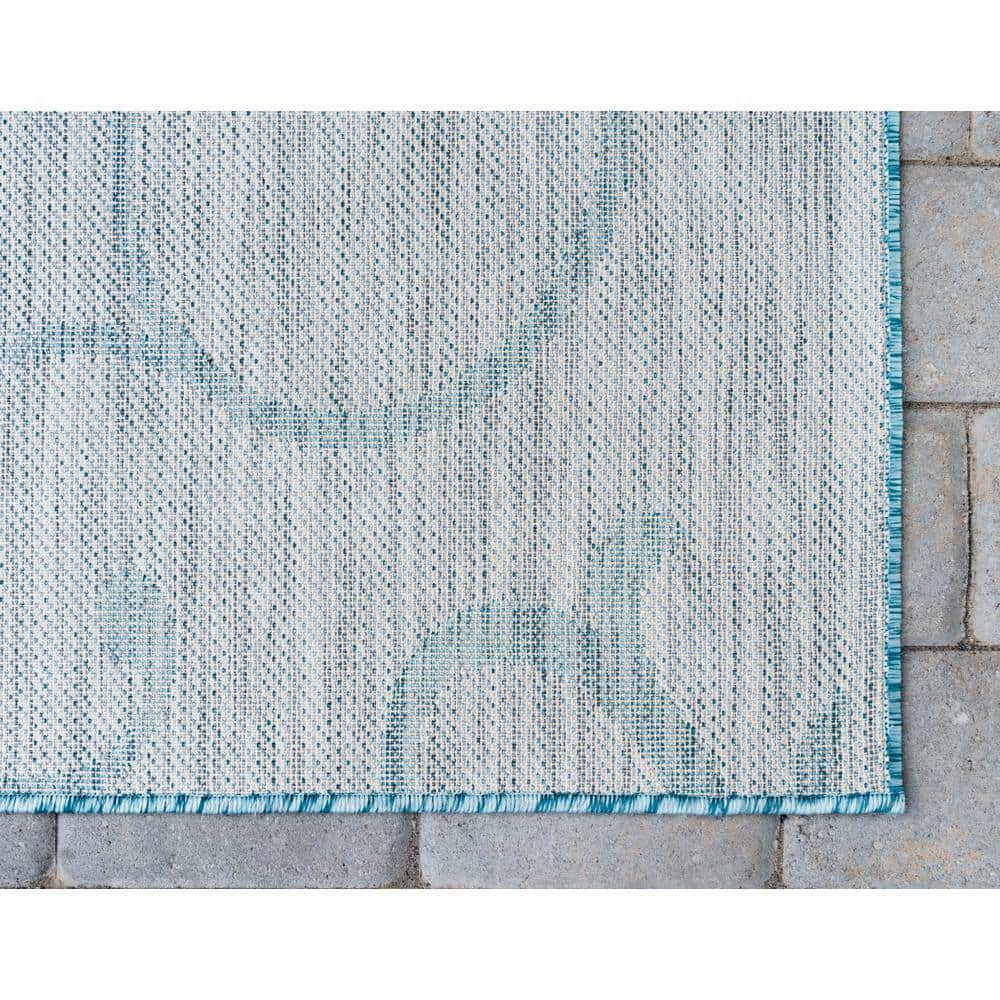 Aqua Blue 9' x 12' Abstract Synthetic Outdoor Rug
