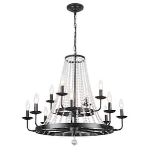 12-Light Black Empire Teardrop Chandelier with Clear Crystal Accents, Adjustable Chain Wagon Wheel Chandelier