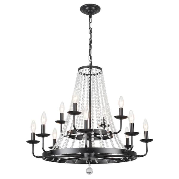 ADSENSTY 12-Light Black Empire Teardrop Chandelier with Clear Crystal Accents, Adjustable Chain Wagon Wheel Chandelier
