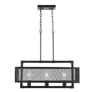 3-Light Rectangular Metal Pendant Light Fixture, Farmhouse Hanging Lighting with Steel Net Shade, Black Finish