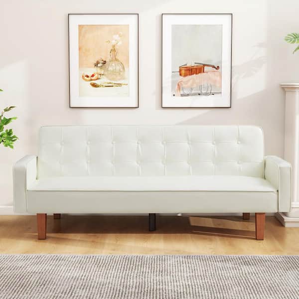 WONDER COMFORT Modern 38 in. White Twin Size Faux Leather Sofa Bed Convertible Sleeper Couch with Armrests for Studio, Office