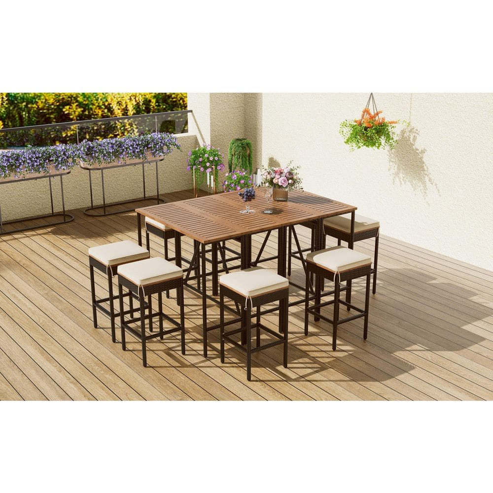 Brown 10-Piece Wicker Outdoor Dining Set with White Cushions and Square Foladable Tabletop-All-Weather Patio Furniture price history on PriceWatchPro