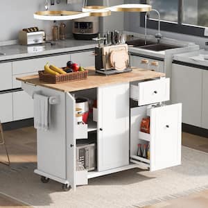 White Solidwood Drop Leaf 53.94 in. Kitchen Island Cart with Internal Storage Rack and 3-Tier Pull Out Cabinet Organizer