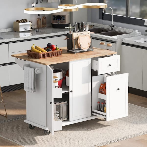 Runesay White Solidwood Drop Leaf 53.94 in. Kitchen Island Cart with Internal Storage Rack and 3-Tier Pull Out Cabinet Organizer
