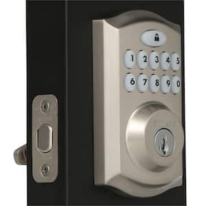 SmartCode Satin Nickel Single Cylinder Keypad Electronic Deadbolt featuring SmartKey Security and Juno Passage Knob