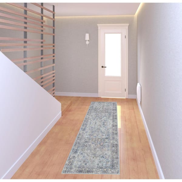 2 ft. x 8 ft. Blue Oriental Washable Area Rug Runner Rug