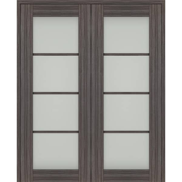 Belldinni Paola 64 in. x 80 in. Both Active 4-Lite Frosted Glass Gray Oak Wood Composite Double Prehung French Door